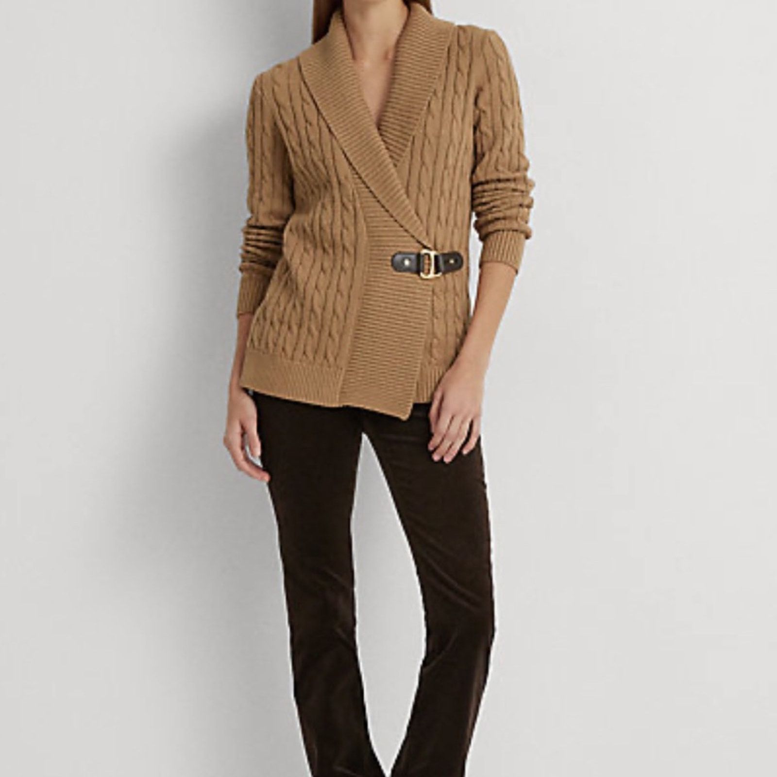 Lauren Ralph Lauren Cable Cord Buckle Front Cardigan Sweater