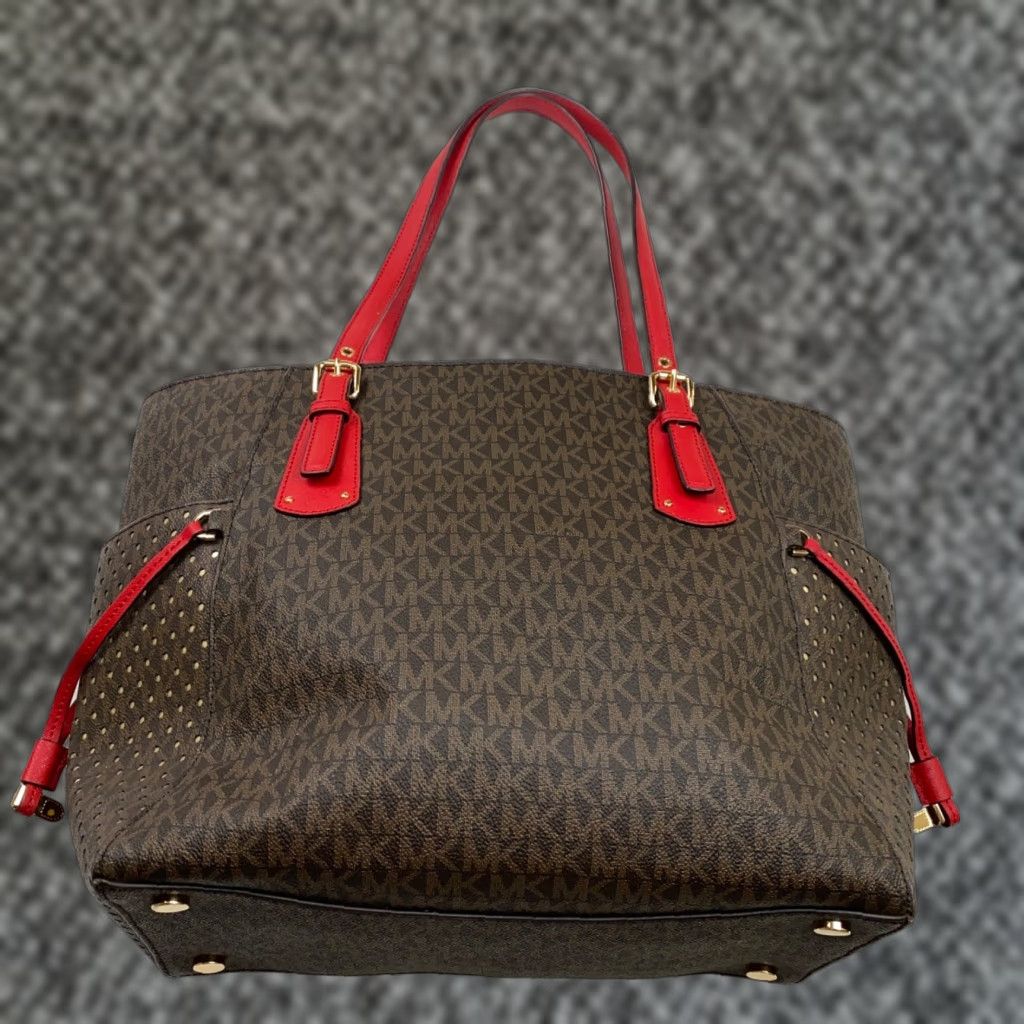 Michael Kors Voyager East West Signature Tote Bag Brown Burnt Red Leather Trim Womens Tote