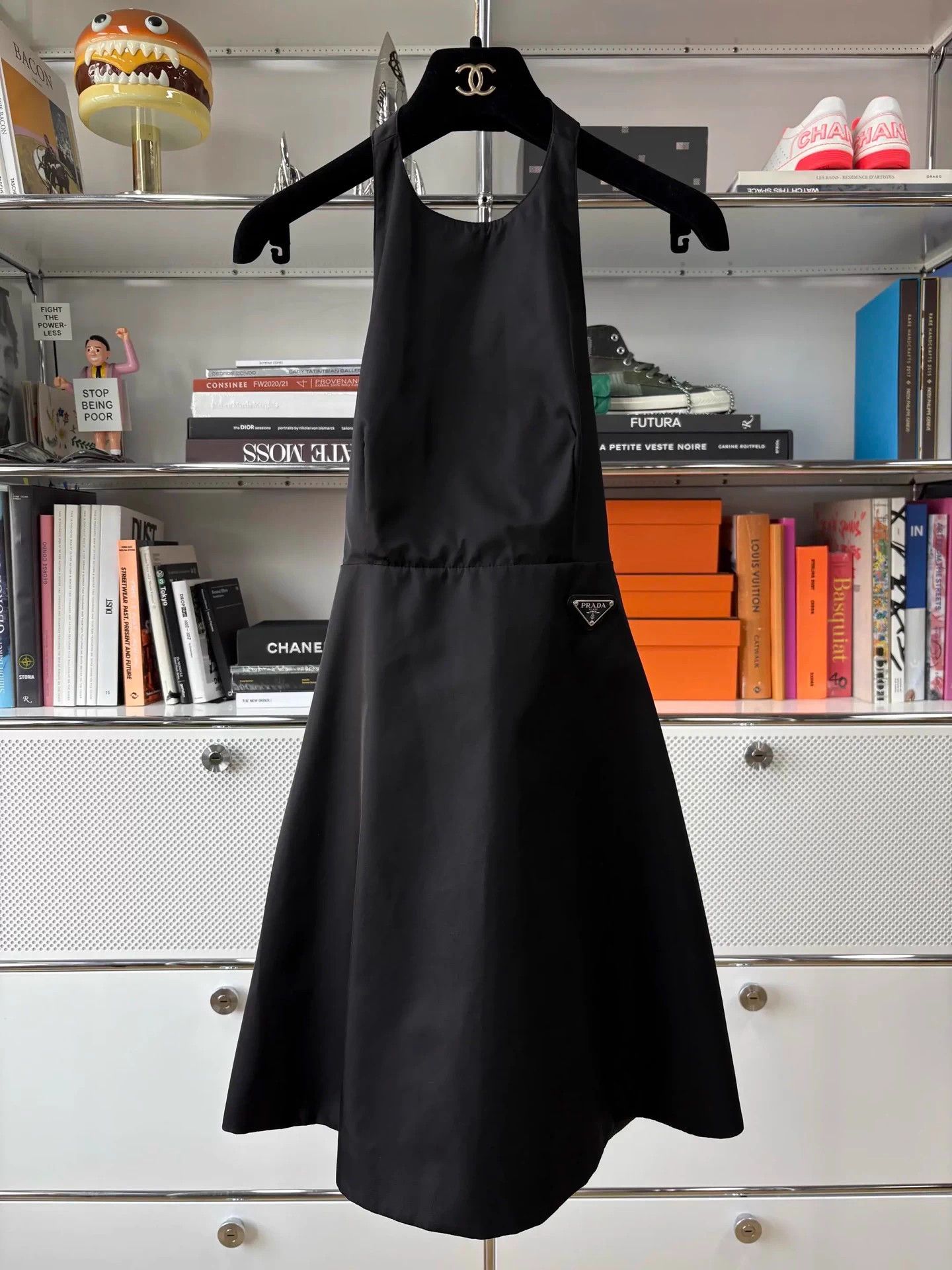 Prada Limited Black Triangle Logo Halter Backless Dress IT38