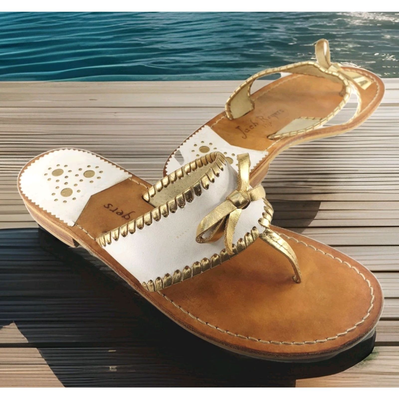 Jack Rogers VINTAGE Jack Rogers Adeline White Sandal Leather Bow Gold Metallic Trim Slip On 8.5-9 Womens Leather Flat 95s Cottage Metal Size US 8 / IT 38 - 2 Thumbnail