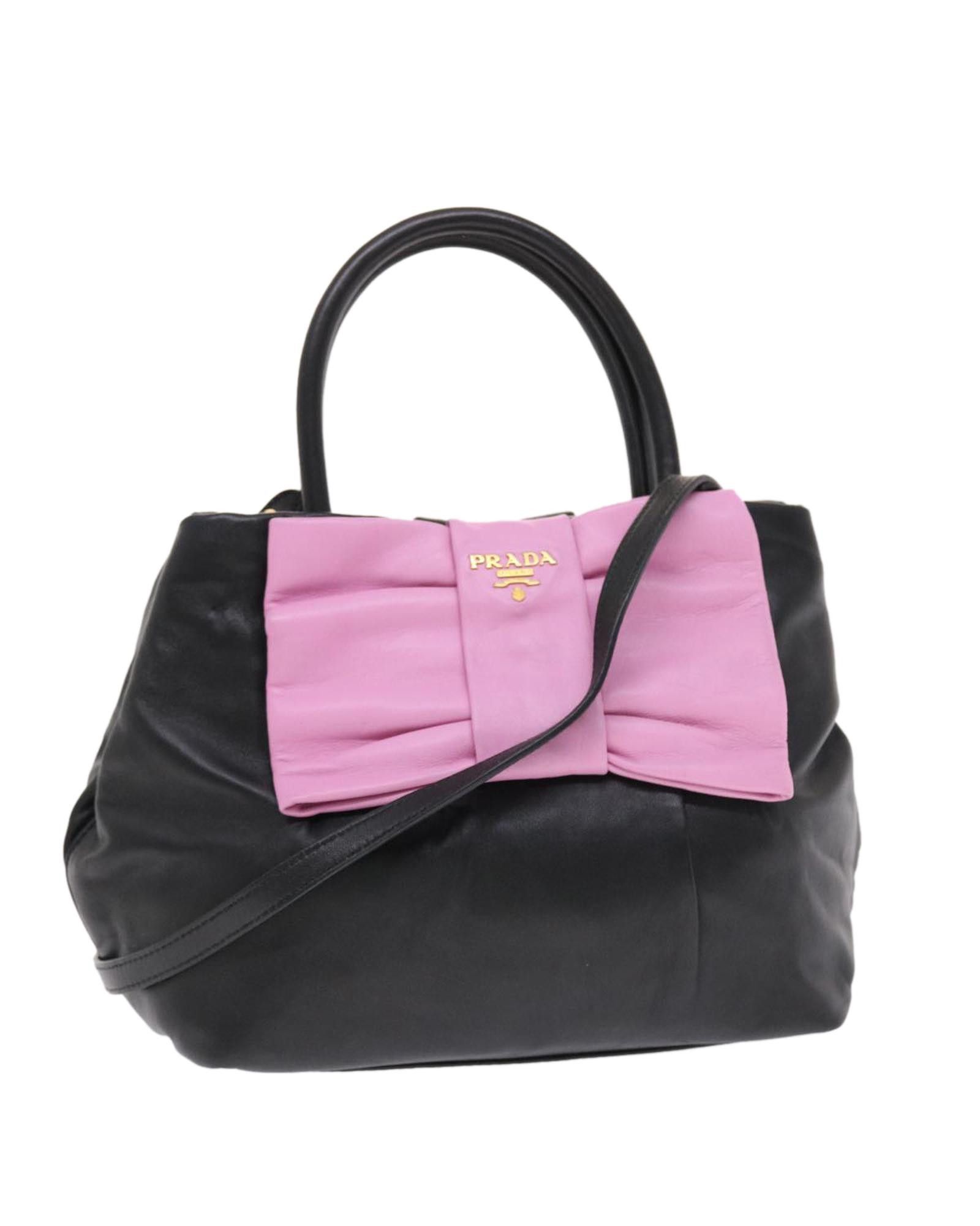 image of Prada Leather Ribbon 2Way Hand Bag With Dust Bag in Black, Women's