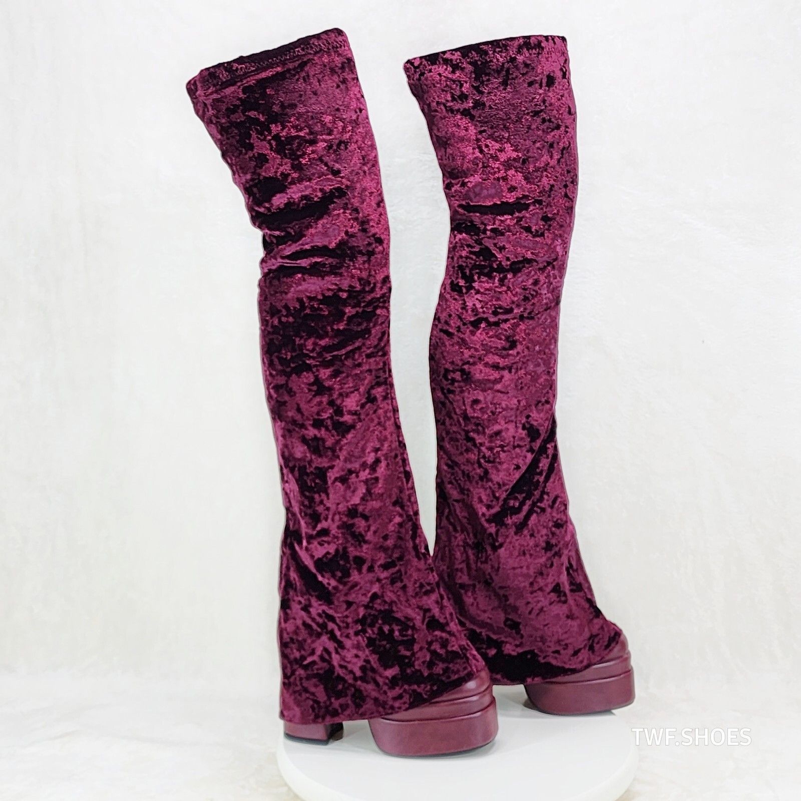 Unique Thigh High Wine Red Velvet Fold over Skirted Chunky H