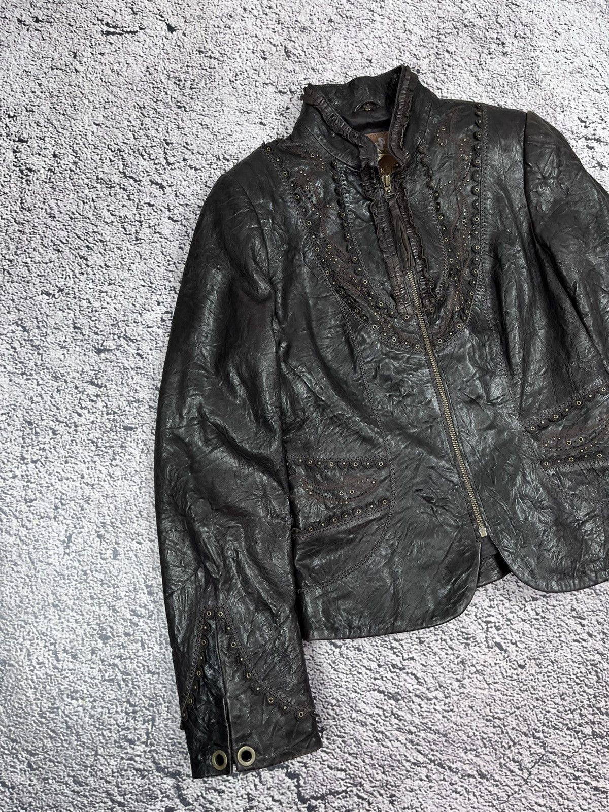 Leather Vintage Distressed Crinkled Leather Jacket Studded Y2K Size XS / US 0-2 / IT 36-38 - 3 Thumbnail