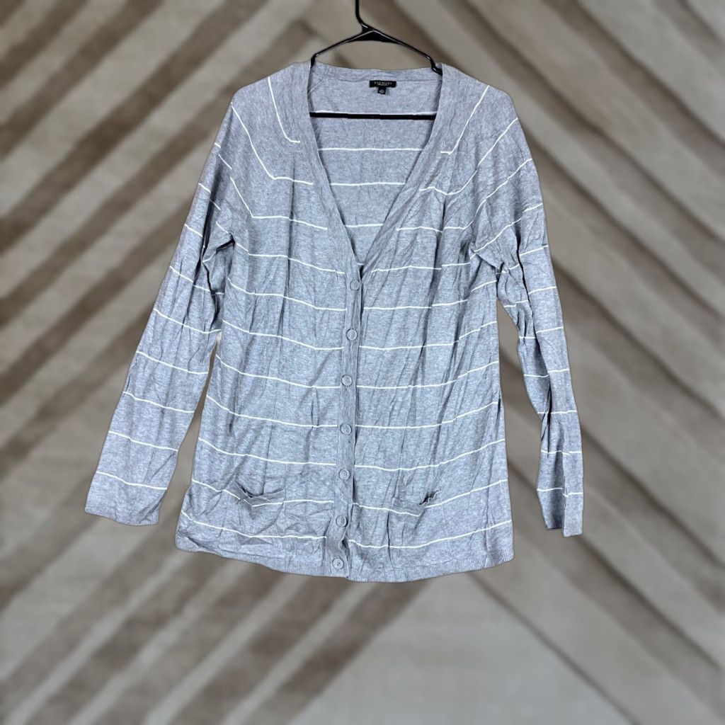 Talbots Talbots Cardigan Sweater Gray White Striped Button Front V-Neck Long Sleeve XL Womens Size XL / US 12-14 / IT 48-50 - 1 Thumbnail