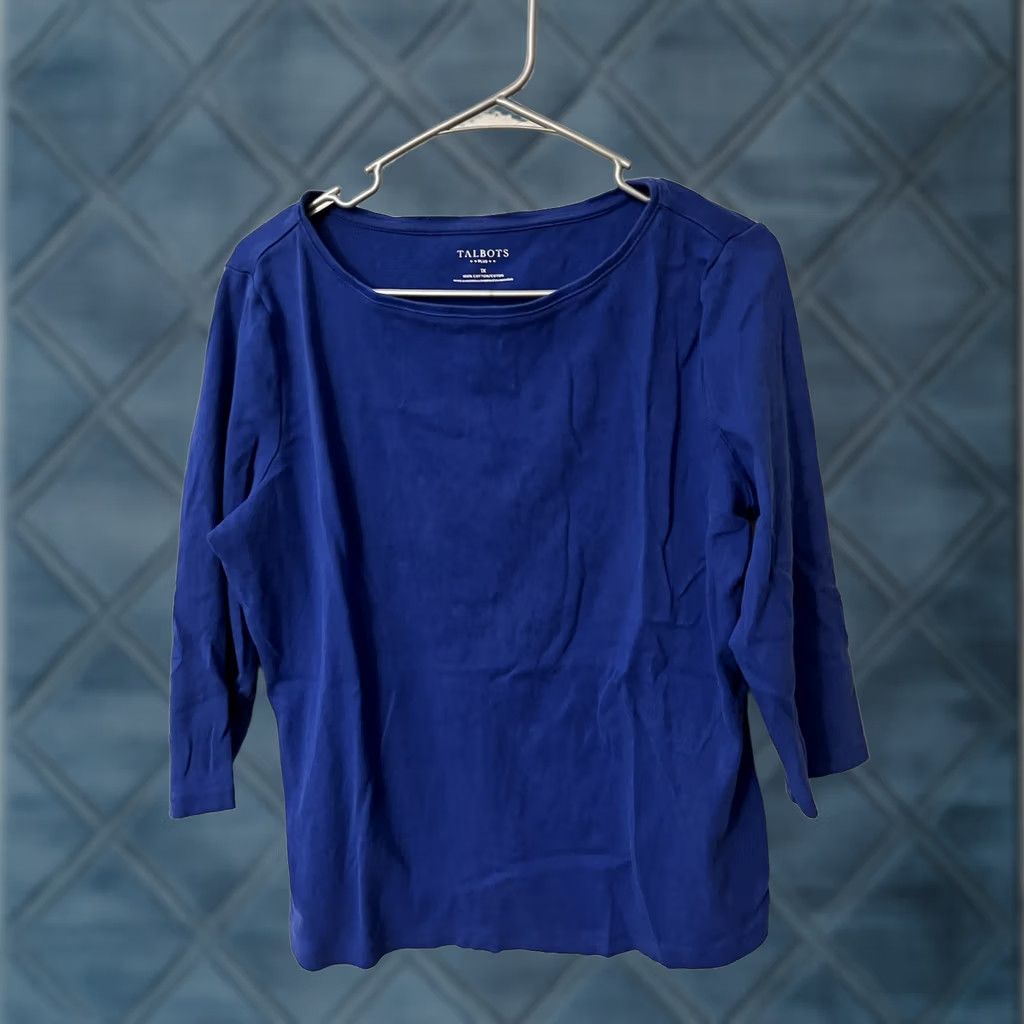 Talbots Talbots Blouse Shirt Women 1X Blue Round Neck 3/4 Flounced Sleeve Casual Career Cotton Polyester Tweed Size XL / US 12-14 / IT 48-50 - 1 Thumbnail