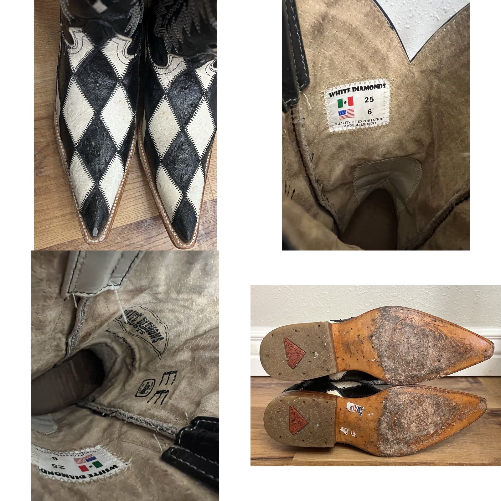 Vintage VINTAGE White Diamonds Boots Cowboy Boot Mens 6 Black Leather Western Mid-Calf Check Pattern Pointed Toe Size US 6 / EU 39 - 8 Thumbnail
