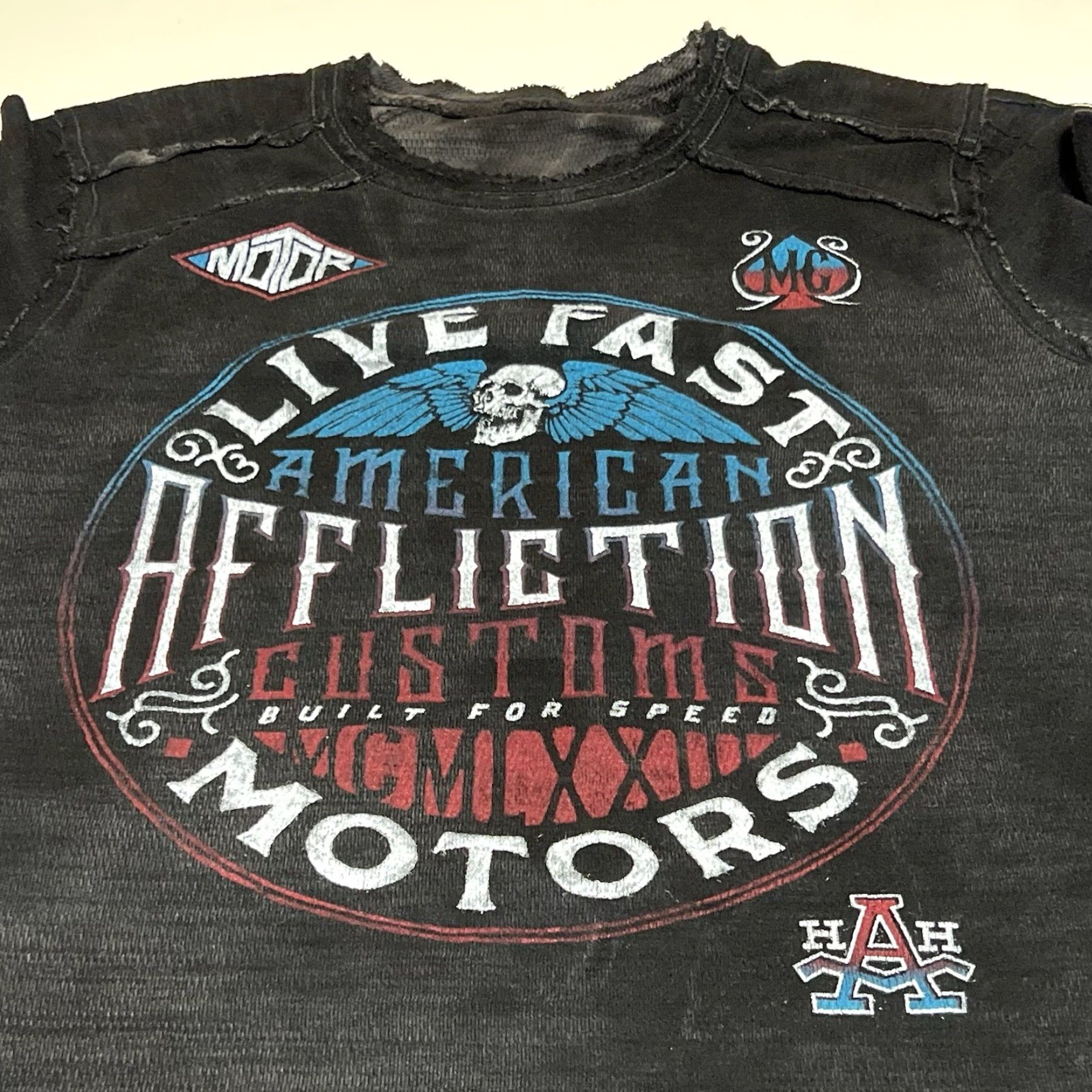 VINTAGE Affliction Shirt Mens L Black Thermal Long Sleeve Reversible Distressed Y2K Graphic Print Skull Grunge Emo Goth T-Shirt Crew Neck