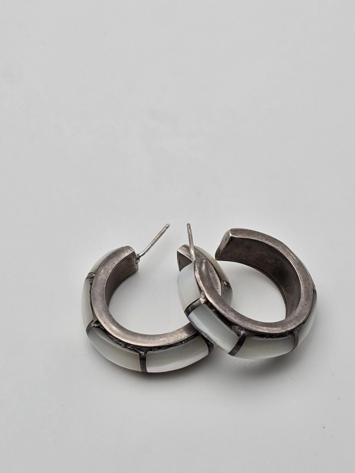 The Unbranded Brand Vintage Silver Mother-of-Pearl Inlay Half-Hoop Earrings Size ONE SIZE - 6 Thumbnail