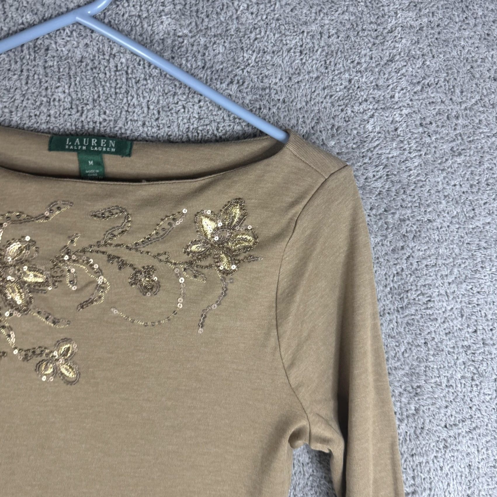 Ralph Lauren Lauren Ralph Lauren Shirt Womens Medium Brown Boat Neck Sequin Floral Top Size M / US 6-8 / IT 42-44 - 4 Thumbnail