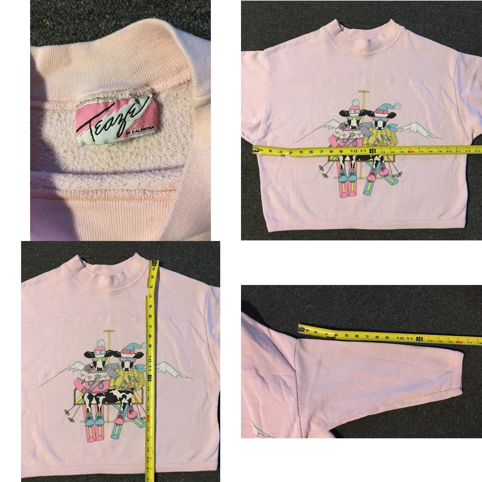 Vintage Vtg 80s Ski Cows Faded Crop Sweatshirt M Boxy Cartoon Funny Animal Grunge 90s Size M / US 6-8 / IT 42-44 - 9 Thumbnail