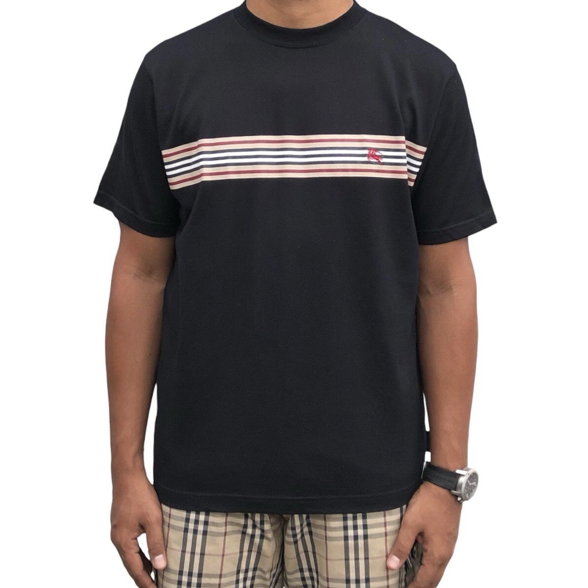 image of Burberry Blue Label Stripes Embroidery Logo Black Tee, Men's (Size Medium)