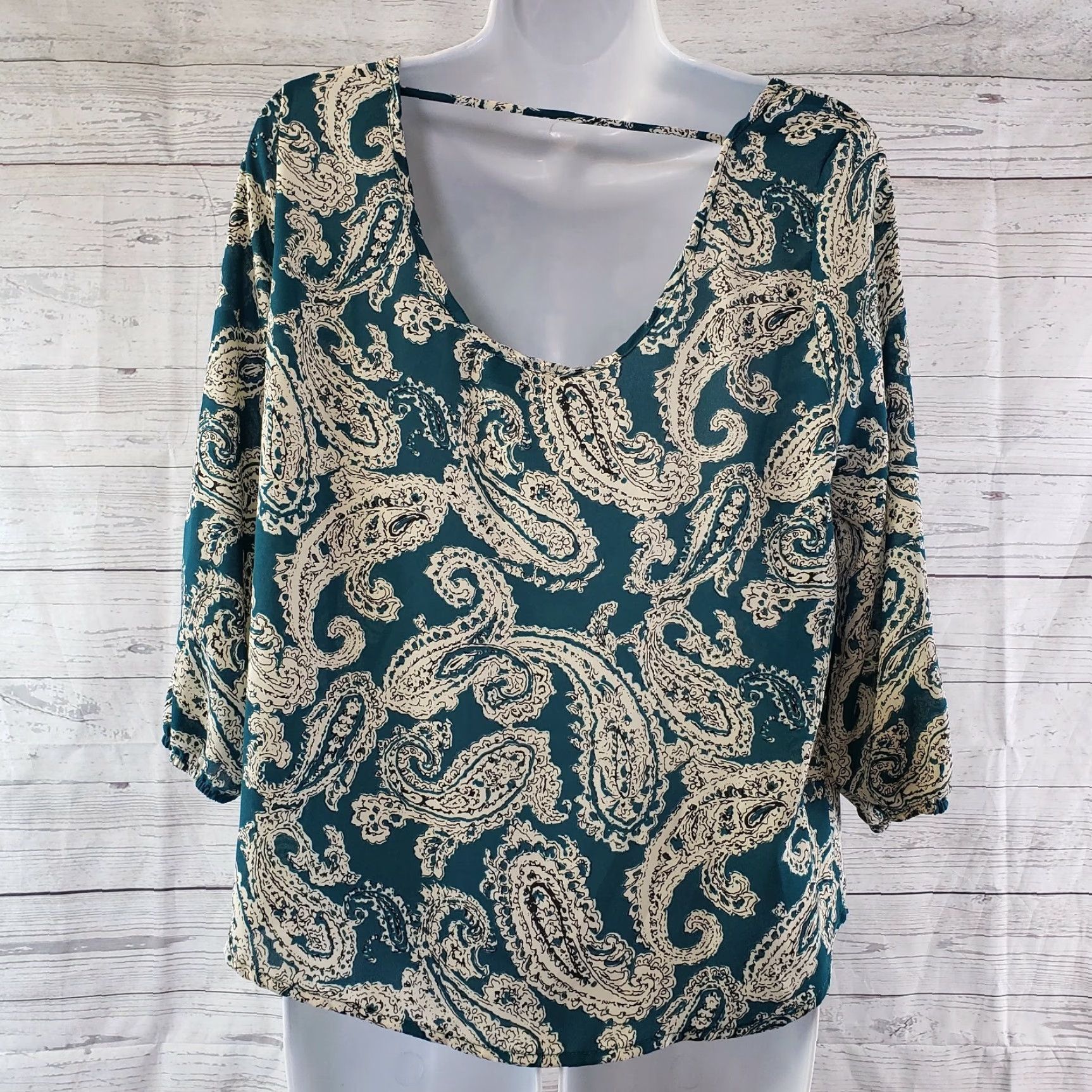 Vintage Papermoon for Stitch Fix Womens Top M Teal Beige Paisley 3/4 Sleeve Blouse Shirt Womens Size M / US 6-8 / IT 42-44 - 4 Thumbnail
