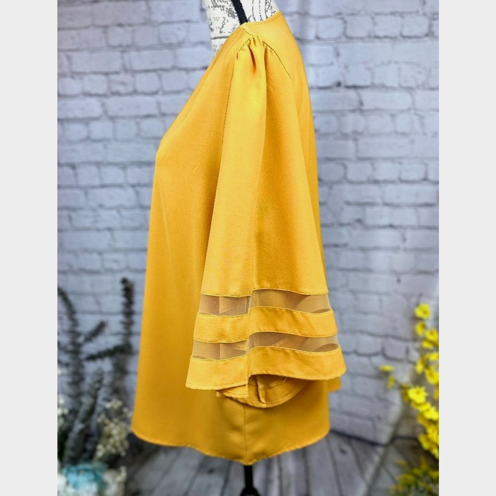 Other Casual V Neck 3/4 Bell Sleeve Mesh Panel Blouse Golden XL Size XL / US 12-14 / IT 48-50 - 8 Thumbnail