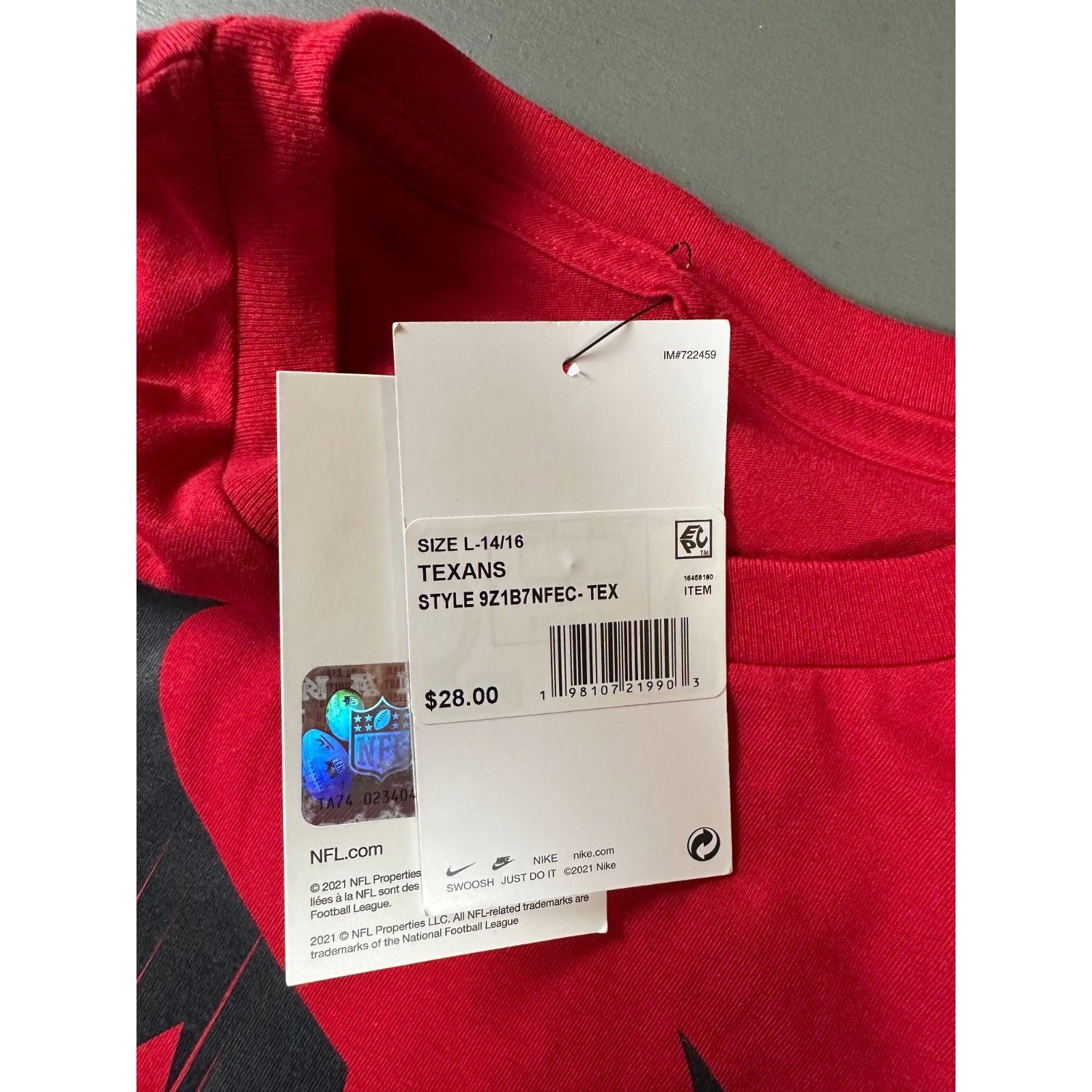 NFL Nike NFL Houston Texans Youth L 14/16 Red Logo T-Shirt NWT O Size US L / EU 52-54 / 3 - 4 Thumbnail