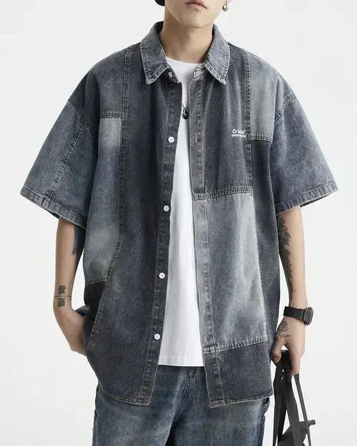 Individualized Shirts × Japanese Brand Retro y2k patchwork denim short sleeve shirt hip hop Size US L / EU 52-54 / 3 - 1 Thumbnail