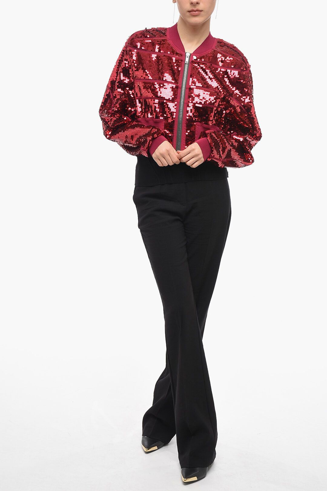 Rick Owens og1mm0724 Sequined Girdered Flight Cropped Jacket in Red Size S / US 4 / IT 40 - 4 Thumbnail