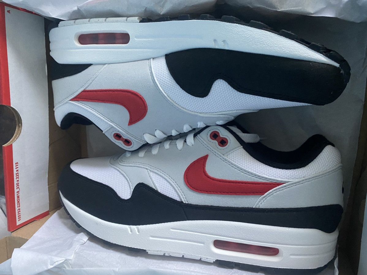 image of Nike Air Max 1 Shoes in White/Red, Men's (Size 10.5)