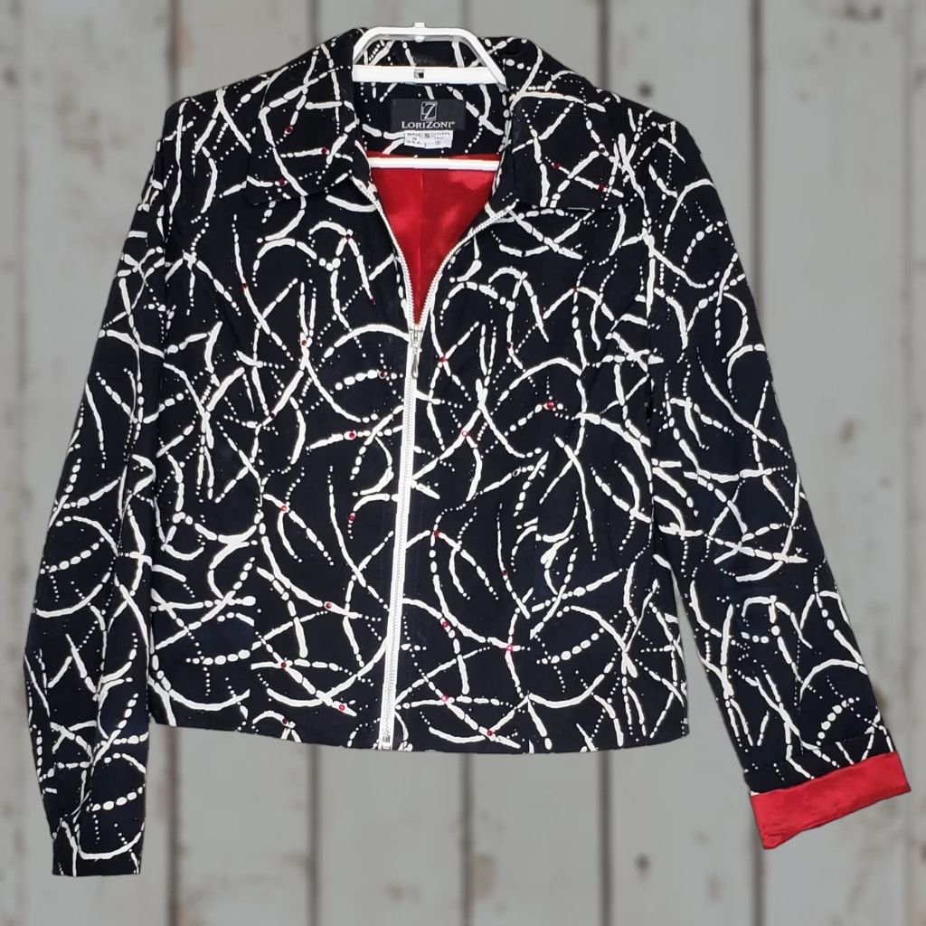 Vintage LoriZoni Jacket Small Black White Red Stud Shoulder Pad Collared Zip Front Women Jacket Size S / US 4 / IT 40 - 1 Thumbnail