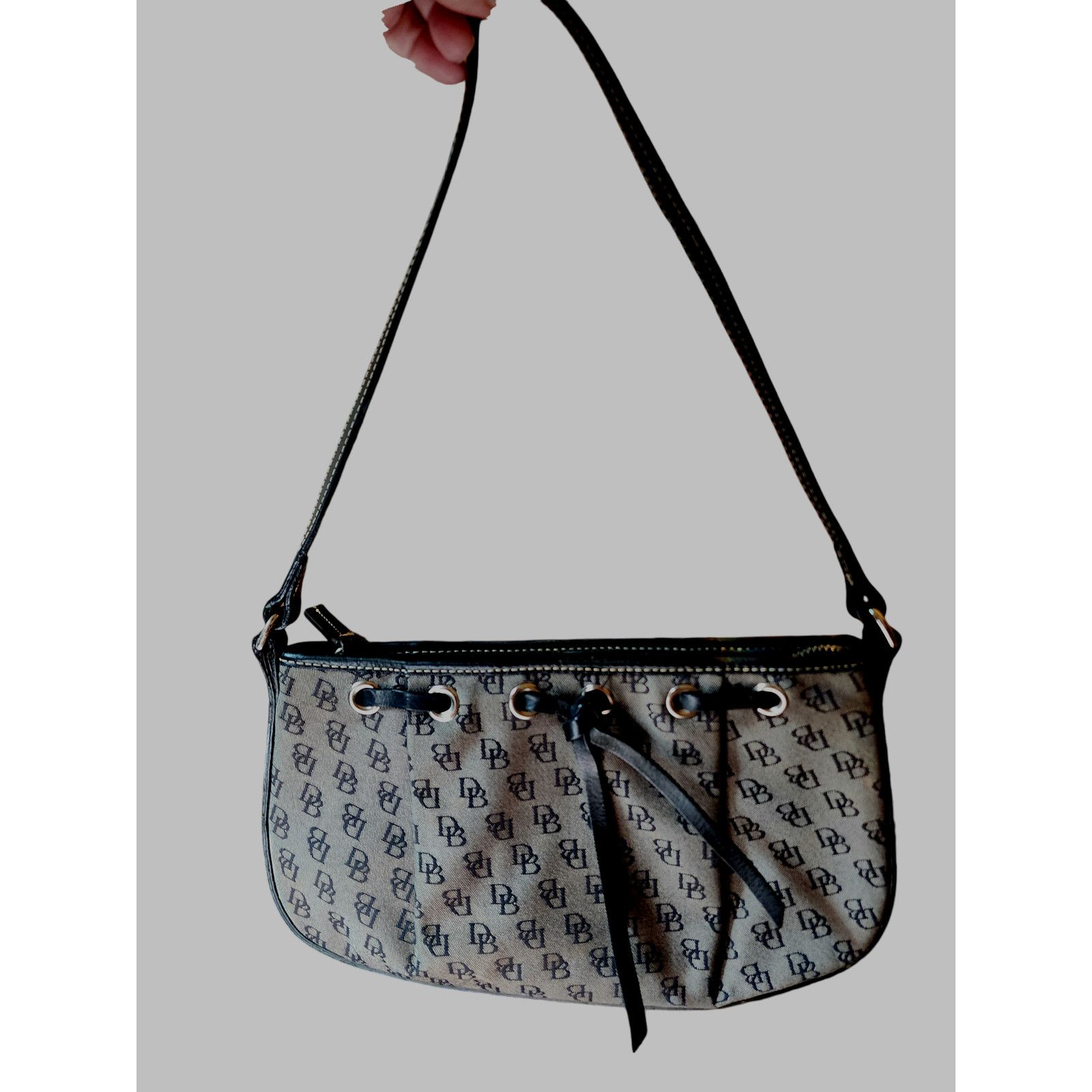 Dooney Bourke Grey Black Canvas Leather Trim Shoulder Bag