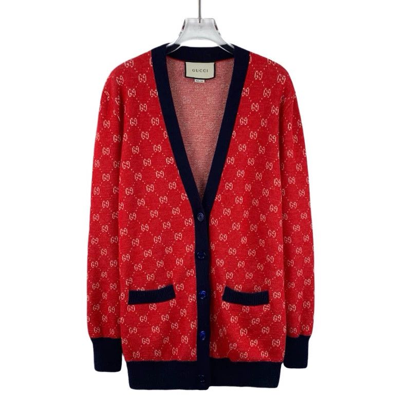 Gucci Gucci Red logo jacquard full-print wool V-neck single-brea Size S / US 4 / IT 40 - 1 Thumbnail
