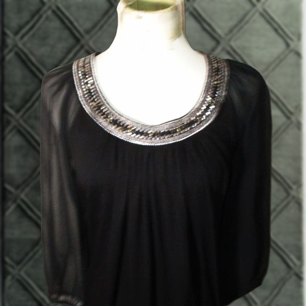 White House Black Market WHITE House BLACK Market Dress Beaded Knee Length S NWT Black 3/4 Sleeve Casual Womens Vintage: No Size S / US 4 / IT 40 - 1 Thumbnail