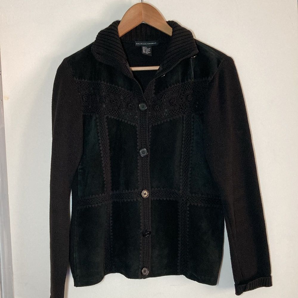 Vintage Maurice Sasson Vintage 90's Black Leather & Knit Cardigan Sw Size S / US 4 / IT 40 - 6 Thumbnail