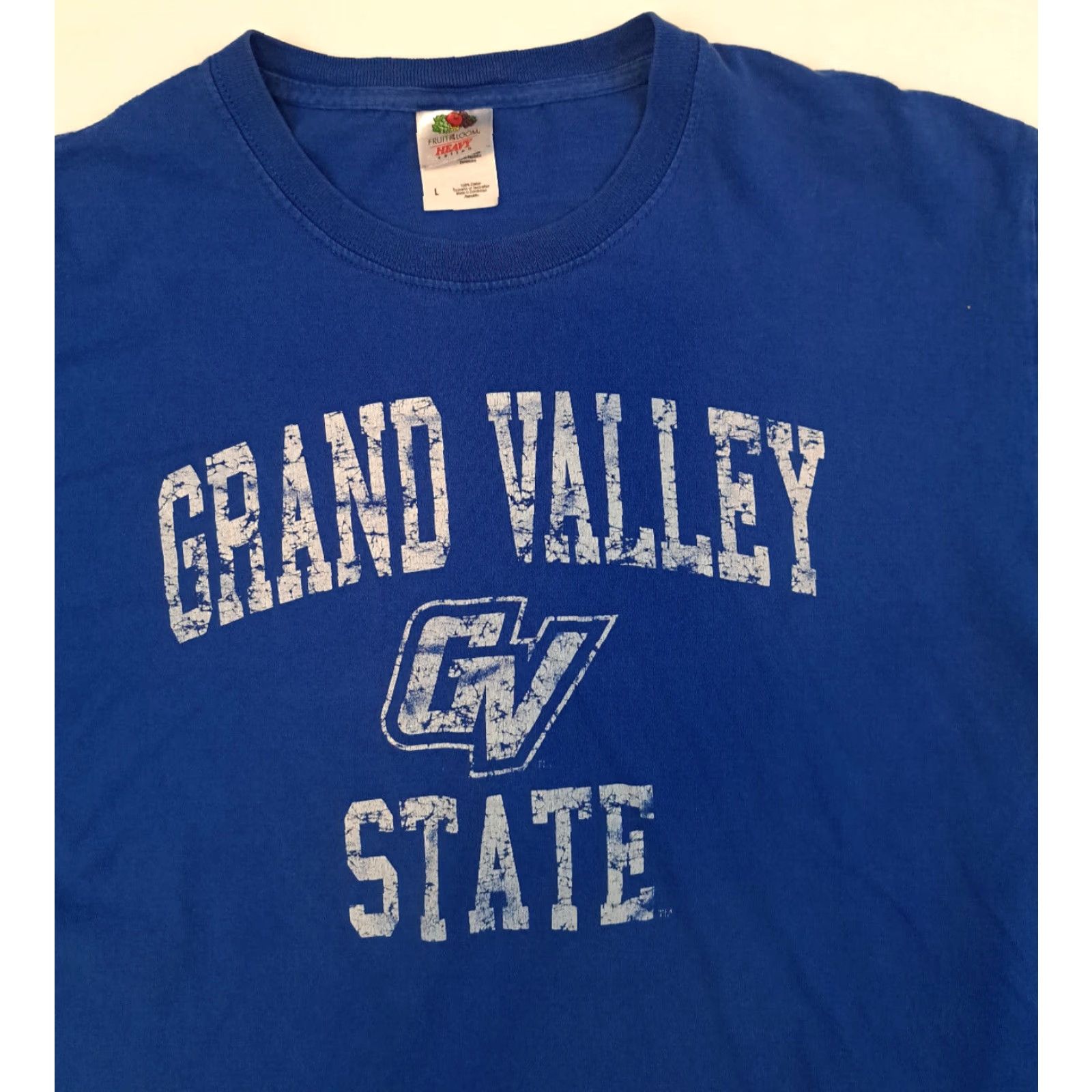 Fruit Of The Loom VINTAGE Grand Valley State Blue T-Shirt L Fruit of the Loom Men Short Sleeve 26in 21 1/2in pit to pit, USA, Solid, Regular, Blue, Large, T-Shirt Size US L / EU 52-54 / 3 - 4 Thumbnail