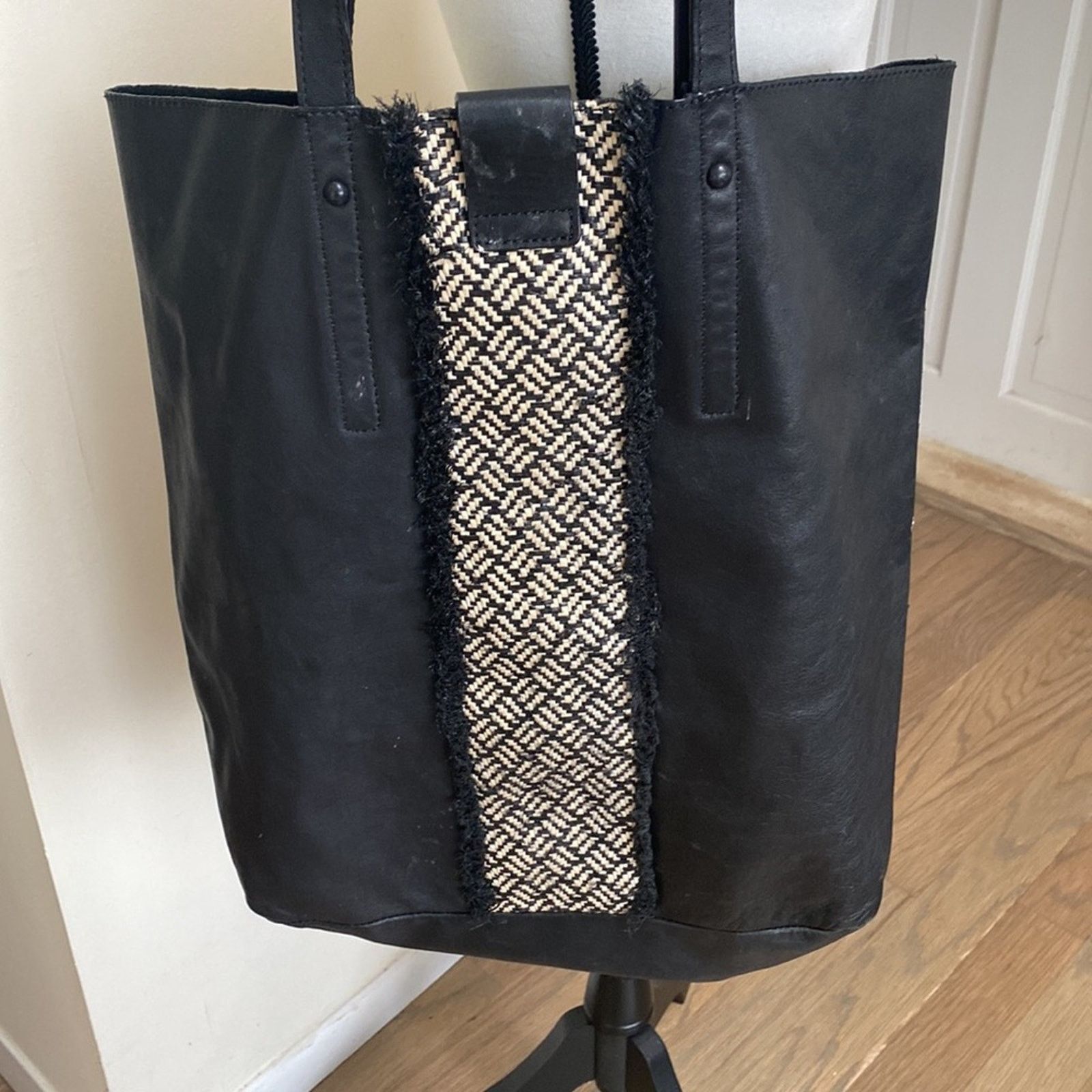 Loeffler Randall Loeffler Randall Black Tall Leather and Raffia Shopping Tote Size ONE SIZE - 3 Thumbnail