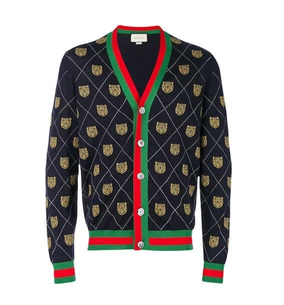 image of Gucci Tiger Argyle Wool Cardigan W/ Tags Size: Xs, Men's