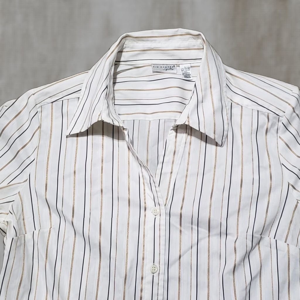 Vintage Kim Rogers White Striped Long Sleeve Button Up Shirt Top Women's Large Size L / US 10 / IT 46 - 1 Thumbnail