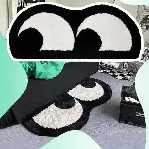 Japanese Brand × Vintage Cute Big Eyes Rug Black Carpet 60x160cm Size ONE SIZE - 1 Thumbnail