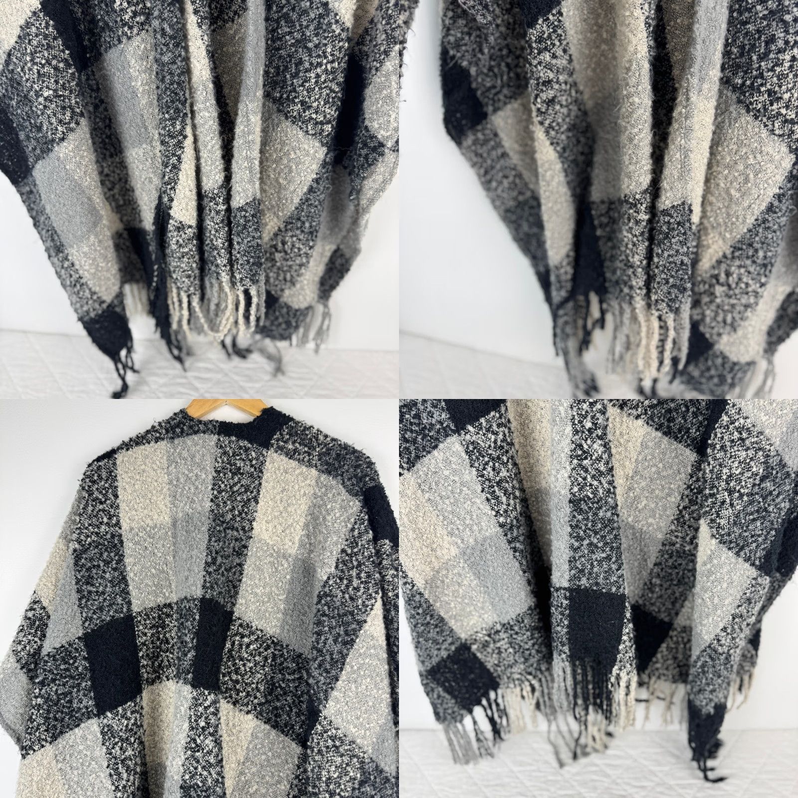 Vintage Woolrich Amalia Blanket Wrap Poncho Shawl Black Grey Plaid Fringe OSFM HLM0235S Cozy Size ONE SIZE - 8 Thumbnail