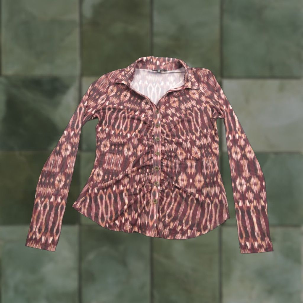 Vintage Liverpool Women's Brown Red Geometric Long Sleeve Button Up Blouse Stretch XS Size XS / US 0-2 / IT 36-38 - 1 Thumbnail