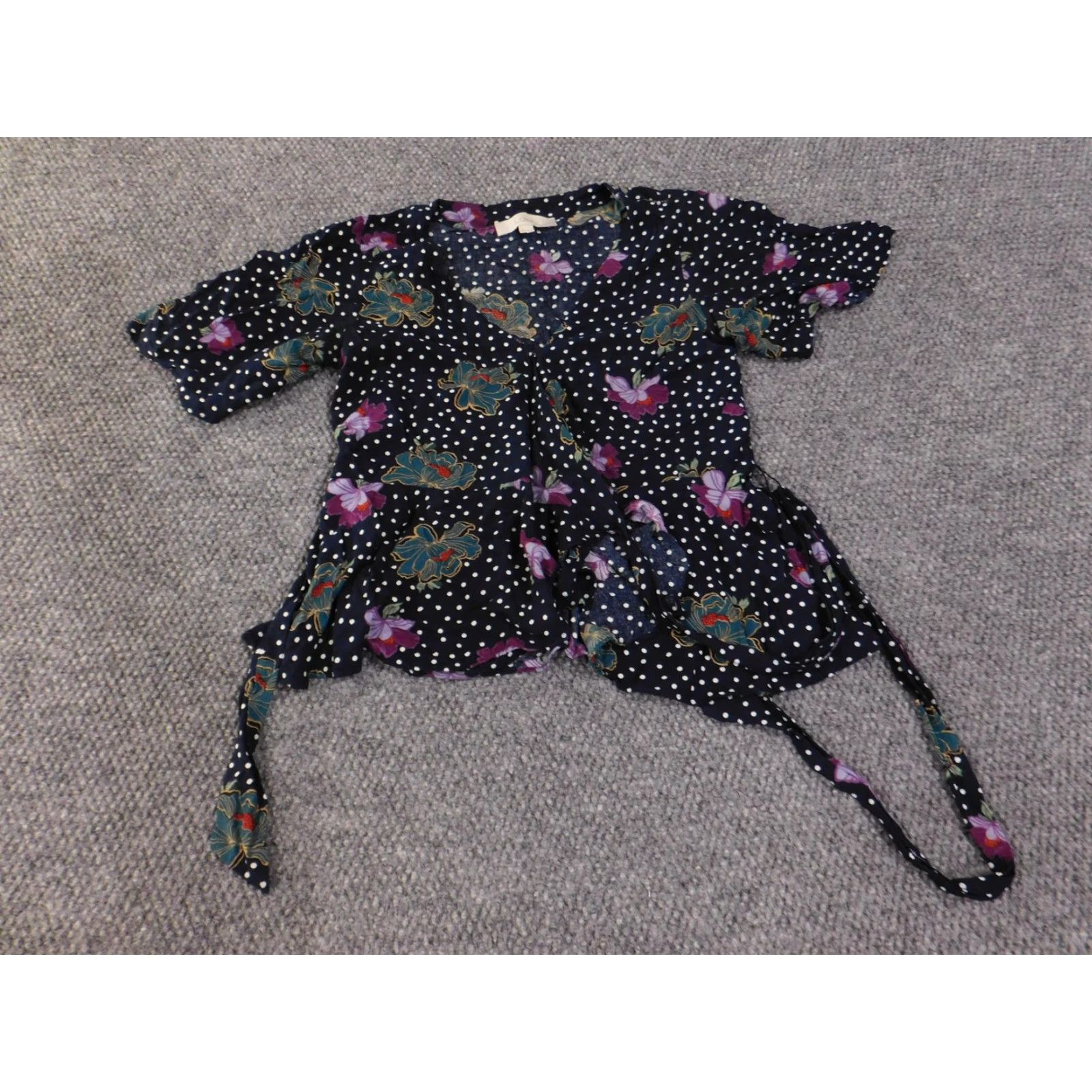 Loft LOFT Shirt Womens XS Petite Navy Blue Polka Dot Floral Wrap Tie Waist V Neck Puff Sleeve Button Ruffle Lightweight Blouse Size XS / US 0-2 / IT 36-38 - 3 Thumbnail