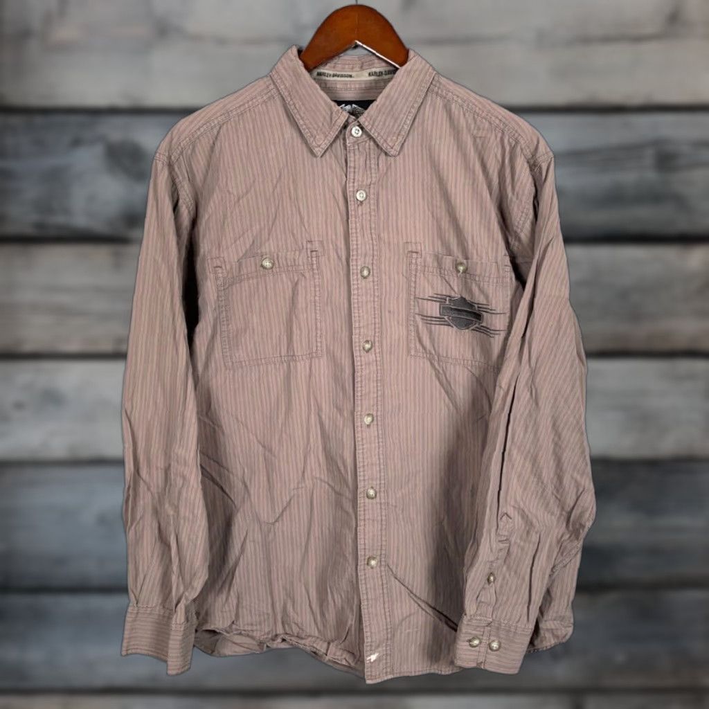 Harley Davidson VINTAGE Harley-Davidson Button-Up Shirt Men Large Long  Sleeve Cotton Brown Striped Logo Biker Motorcycle | Grailed