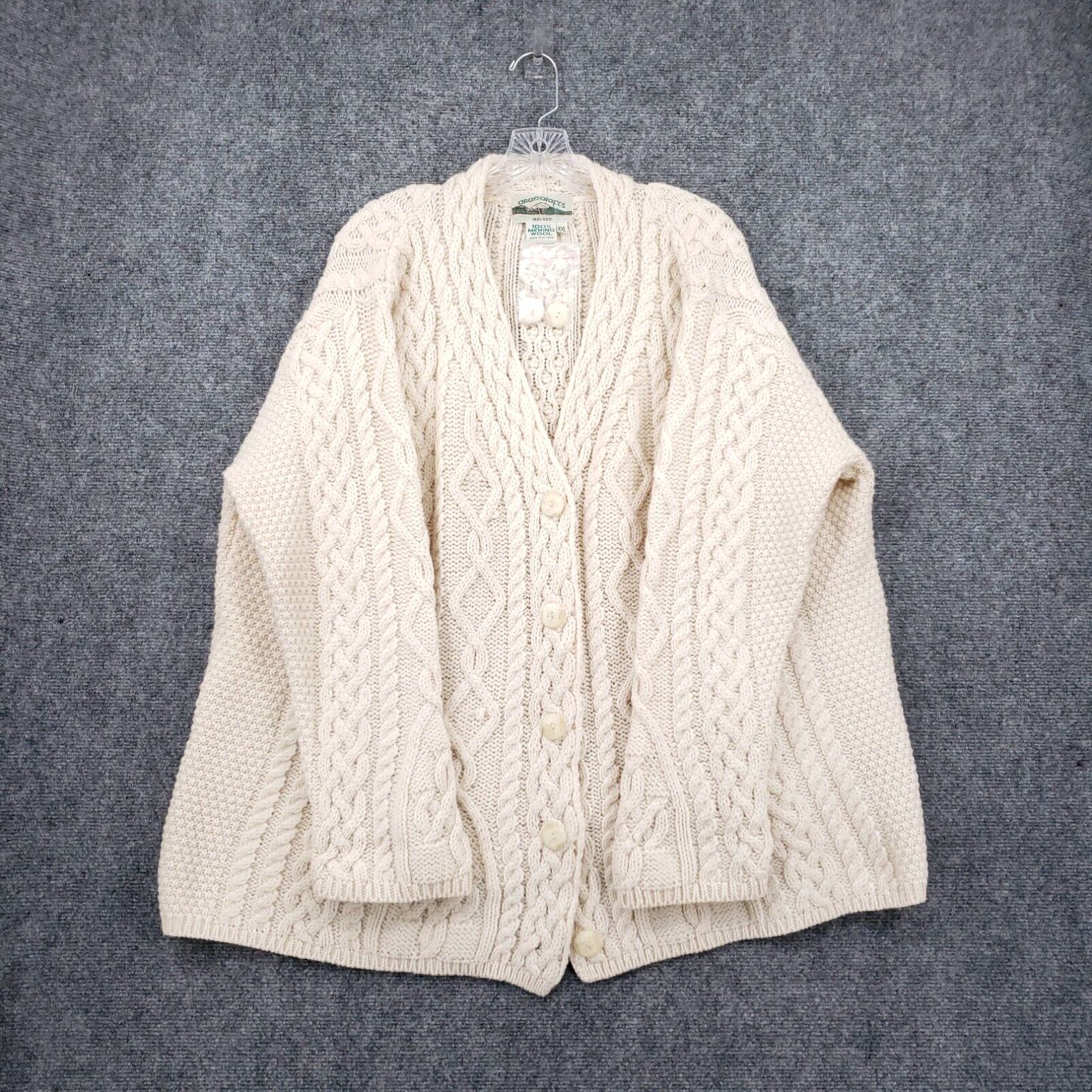 Image of Vintage Aran Crafts Cardigan Womens 2Xl Beige Merino Wool Cable Knit Sweater in White