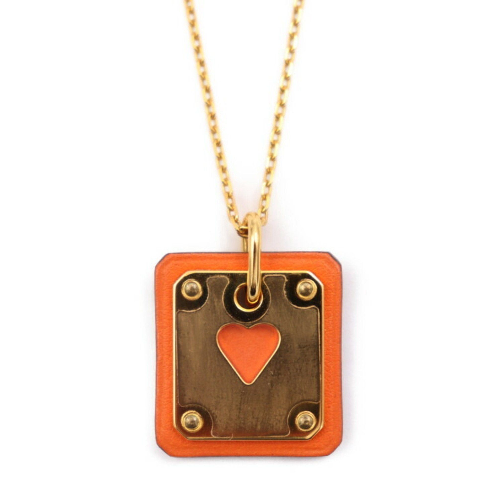 image of Hermes As De Coeur Pm Necklace Swift Metal Orange Brown Gold Ace Of Hearts Pendant U Engraved, Wome