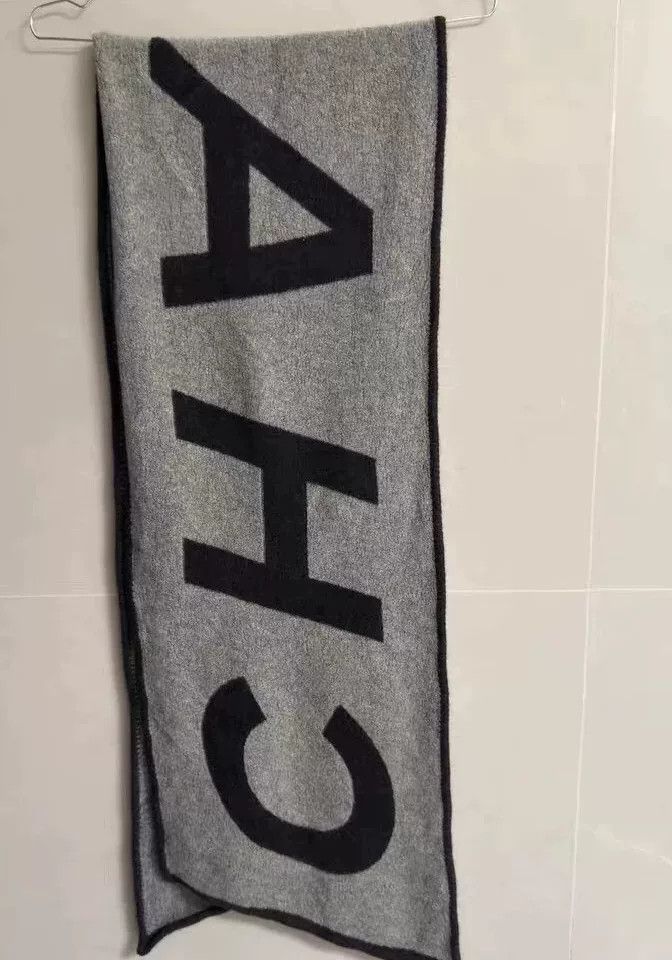 Chanel Chanel Gray Black Logo Scarf Size ONE SIZE - 1 Thumbnail