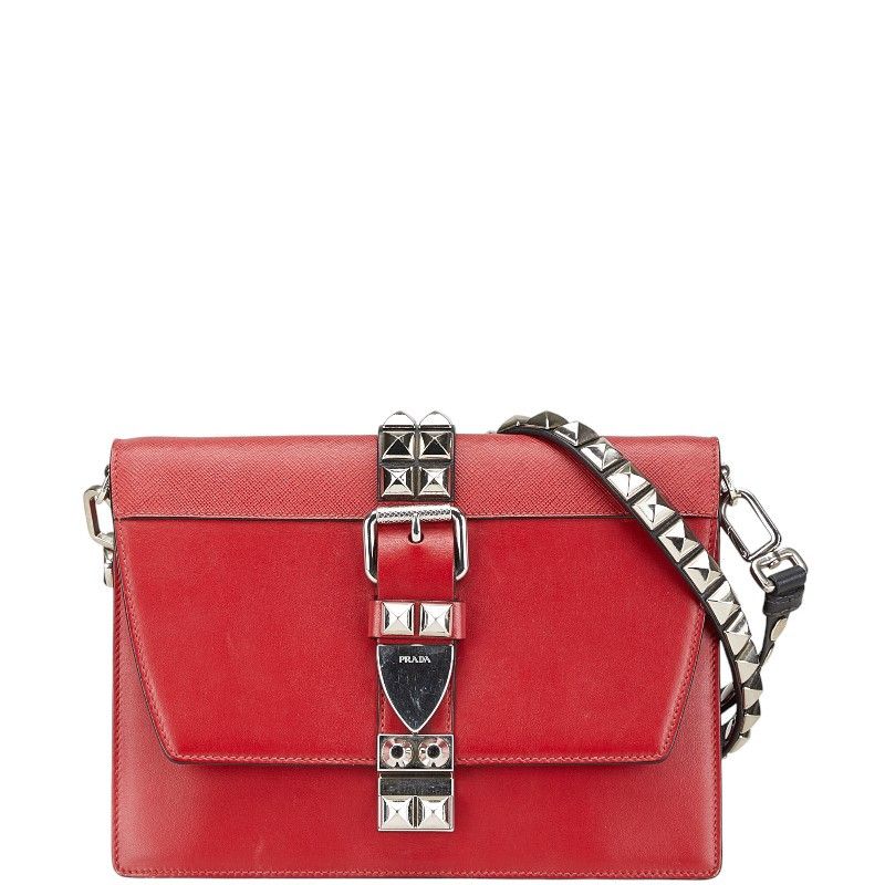 Prada Prada Saffiano Electra Studs Shoulder Bag Leather Crossbody Bag in Red, Women's