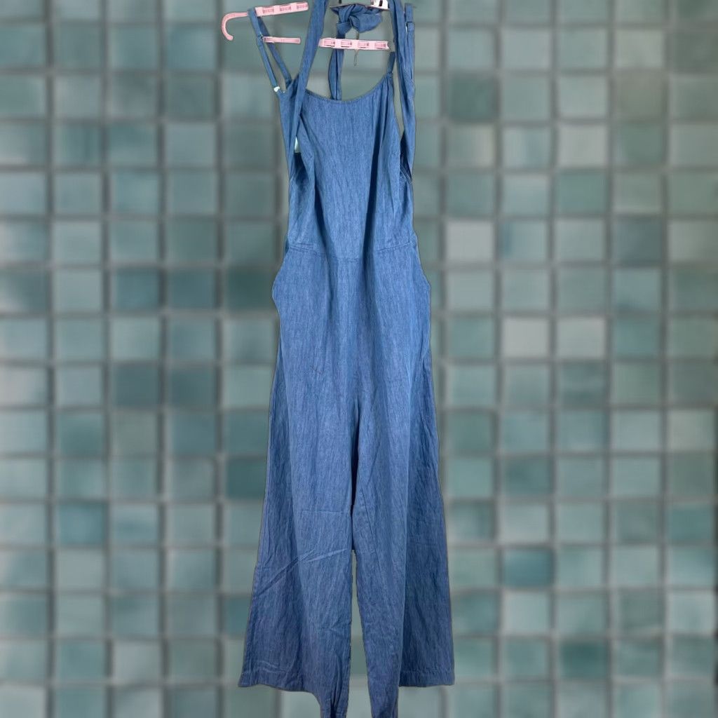 Bebe VINTAGE bebe Summer Jumpsuit Women Size M Blue Sleeveless Flared Cotton Flare Pantsuit Shirt Dress Size 32" / US 10 / IT 46 - 1 Thumbnail