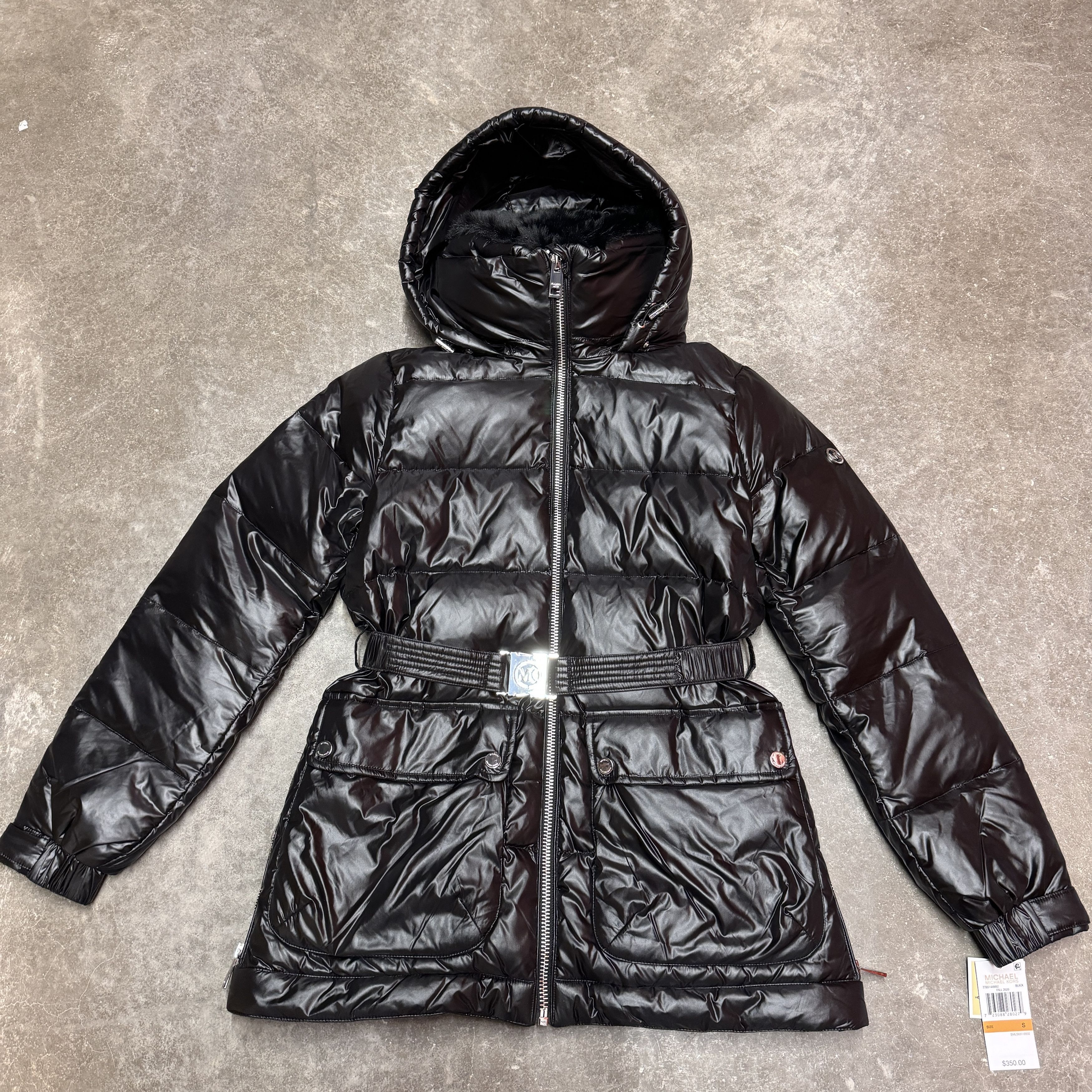 image of Michael Kors Puffer Jacket For Women With Belt in Black (Size Small)