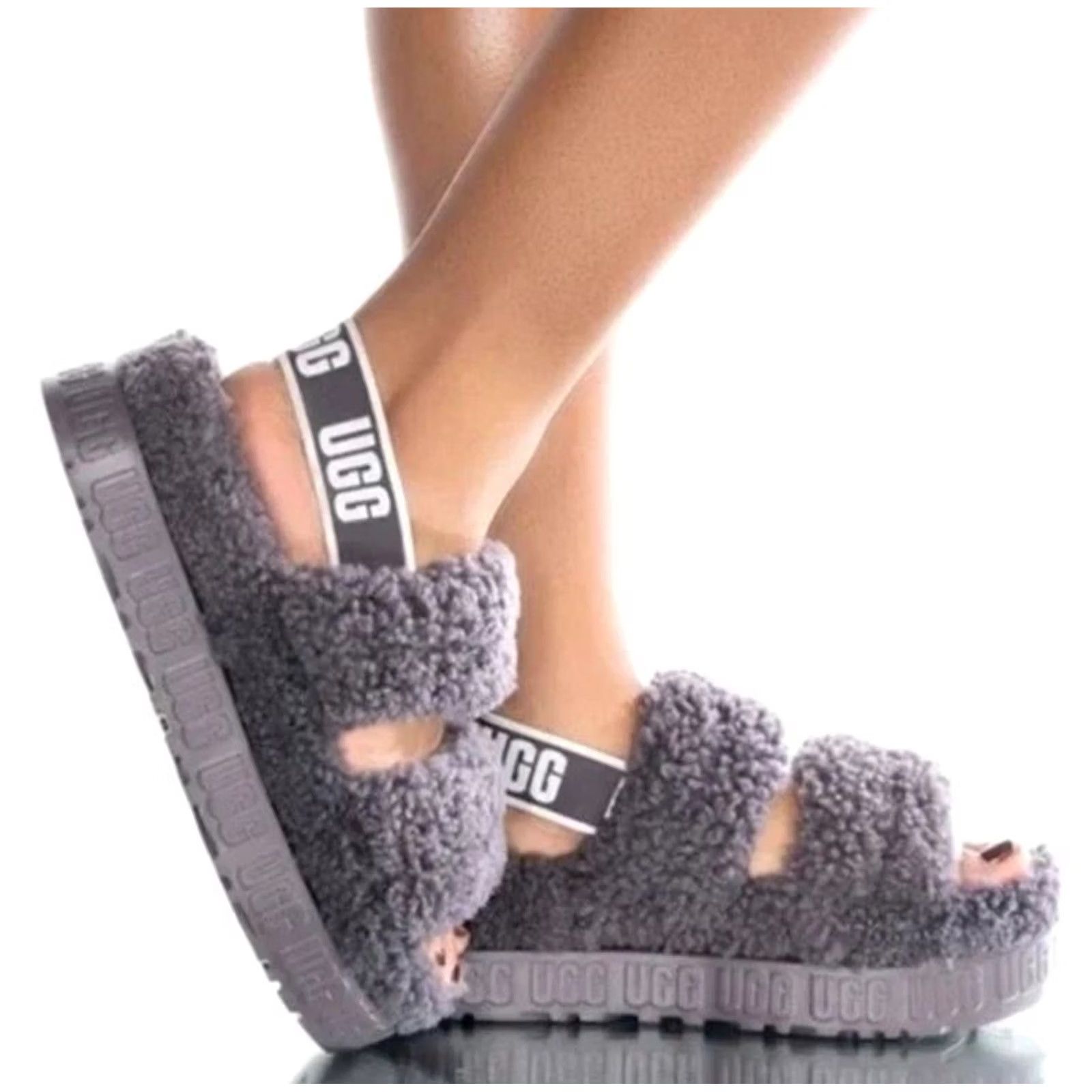 Ugg UGG Oh Fluffita Platform Slipper Women’s Size 12 43 Grey Shearling Strap Back Slides Size US 12 / IT 42 - 2 Thumbnail