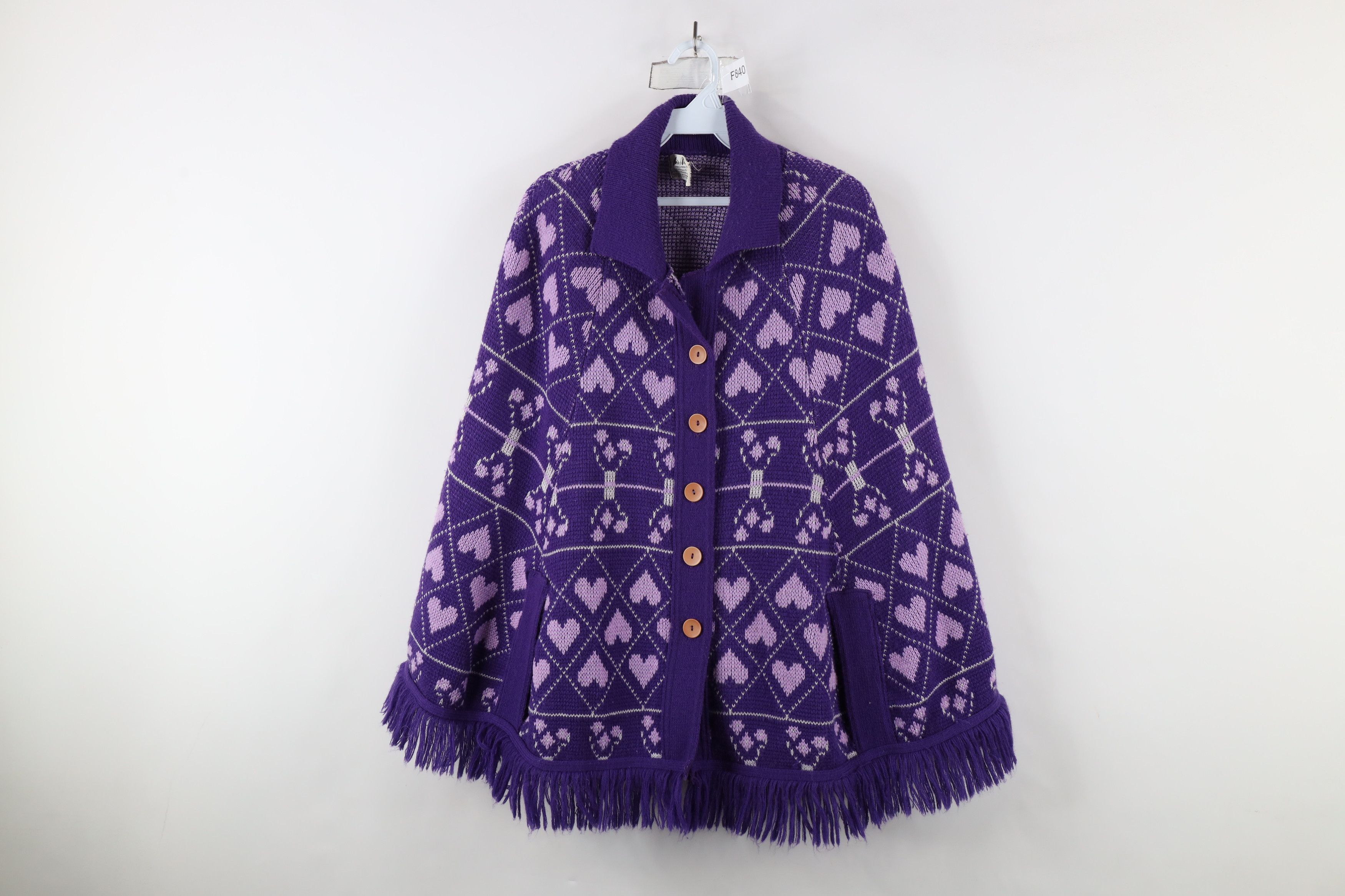 Vintage Vintage 70s Fairy Kei Kawaii Heart Knit Sweater Cape Purple Size ONE SIZE - 1 Thumbnail