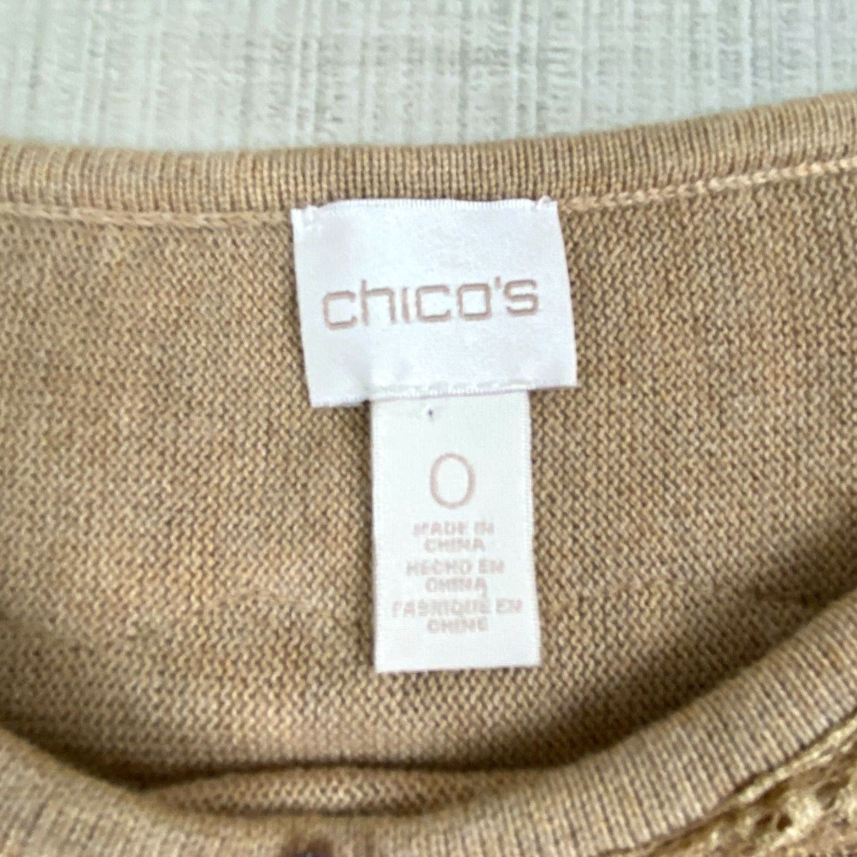 Vintage Chico's Womens Tan Sweater Pullover Lace Edges 3/4 Sleeves Size 0 Beige Ladies Size S / US 4 / IT 40 - 4 Thumbnail
