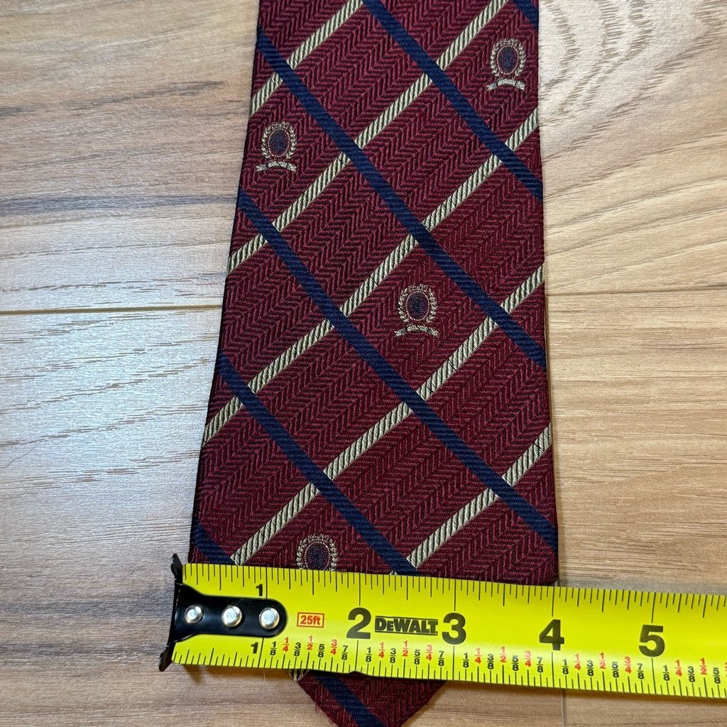 Tommy Hilfiger Tommy Hilfiger Plaid Silk Tie Red Navy Crest 3.75” USA/Italy Size 26 - 3 Thumbnail