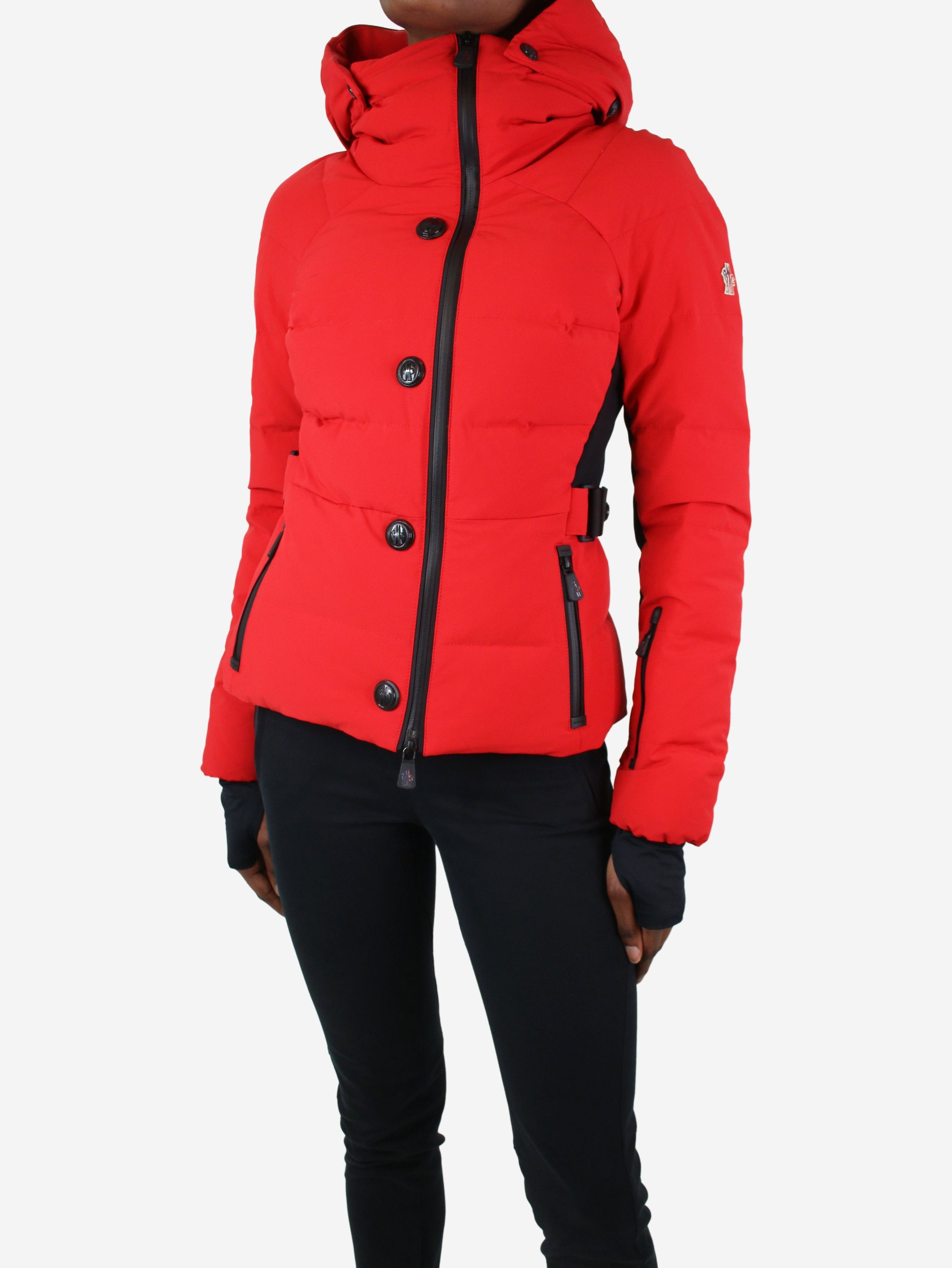 image of Moncler Red Quilted Hooded Jacket - Size Uk 8, Women's