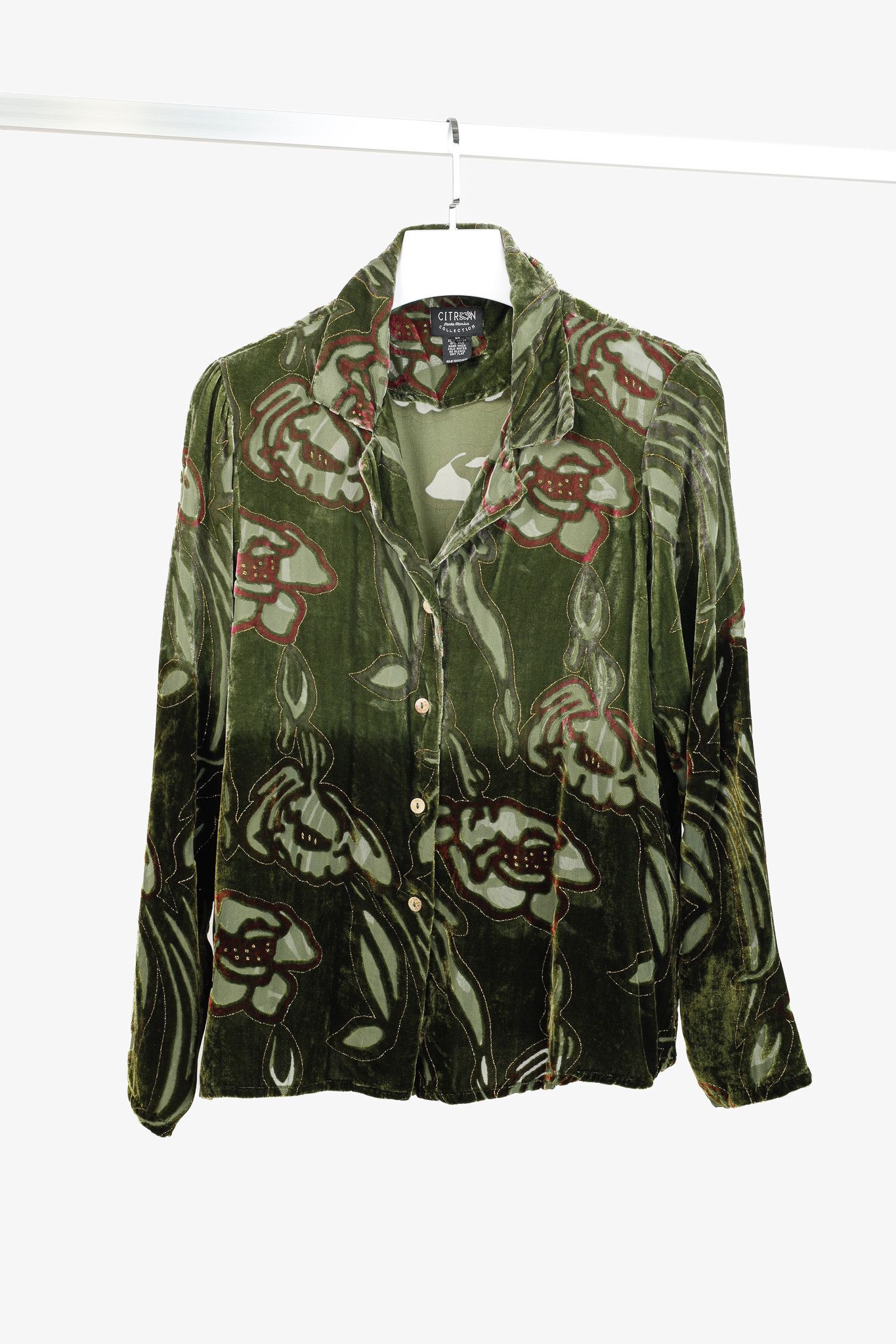 Citron Santa Monica Floral-Burnout Velvet Buttoned Shirt