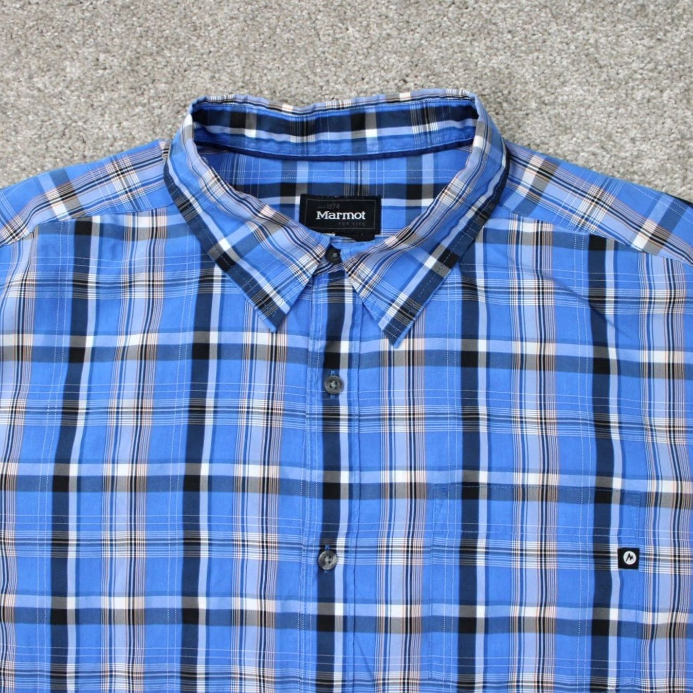 Marmot Marmot Shirt Mens XL Blue Plaid Polynosic Rayon/Polyester Short Sleeve Button Up Size US XL / EU 56 / 4 - 5 Thumbnail