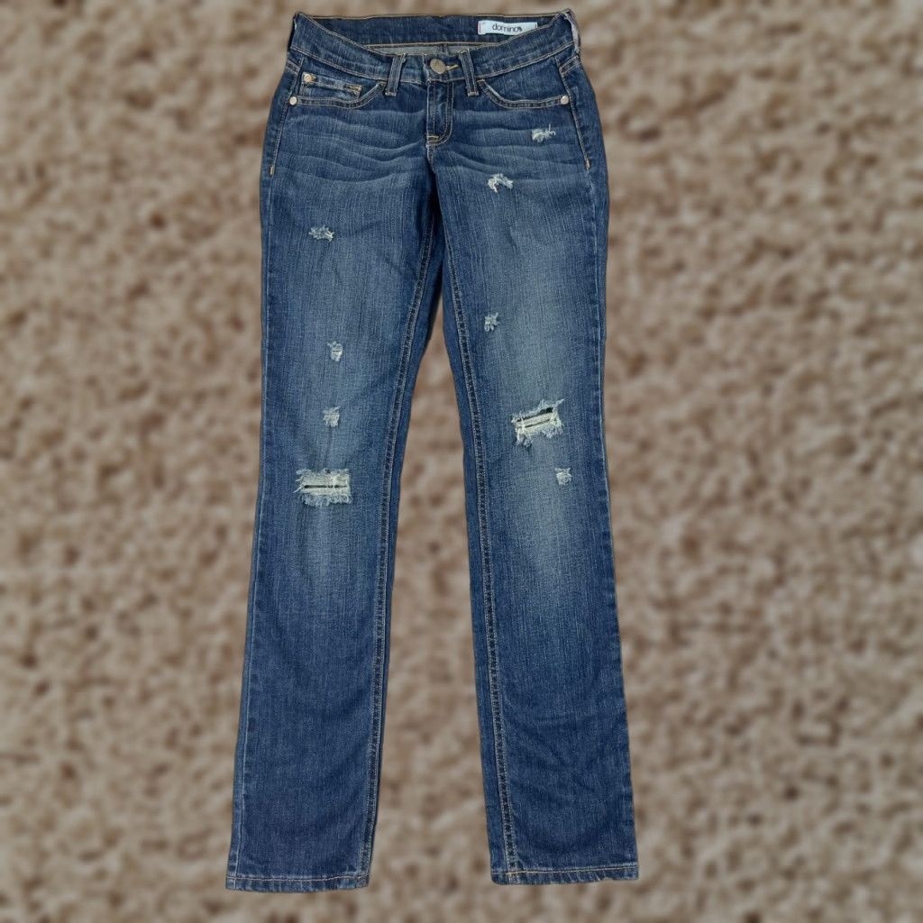 Denime Dominos Jeans Womens 25x31 Blue Denim Distressed Straight Leg Low Size 42" / US 20 - 1 Thumbnail