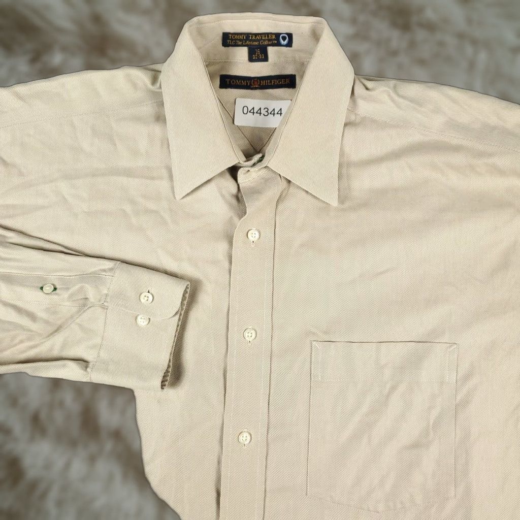 Tommy Hilfiger TOMMY HILFIGER Dress Shirt Mens 16 Beige Long Sleeve Button Up Solid Preppy Size 42R - 1 Thumbnail